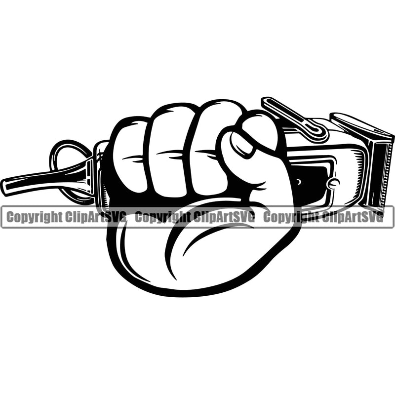 Barber Hand Holding Hair Clippers Shop Clipper Barbershop Power Hair Cut Hairdresser Haircut Hairstyle Hairstylist Beauty Salon Beard Shave Shaving Groom Grooming Design Element Retro Vintage Business Company Logo Clipart SVG