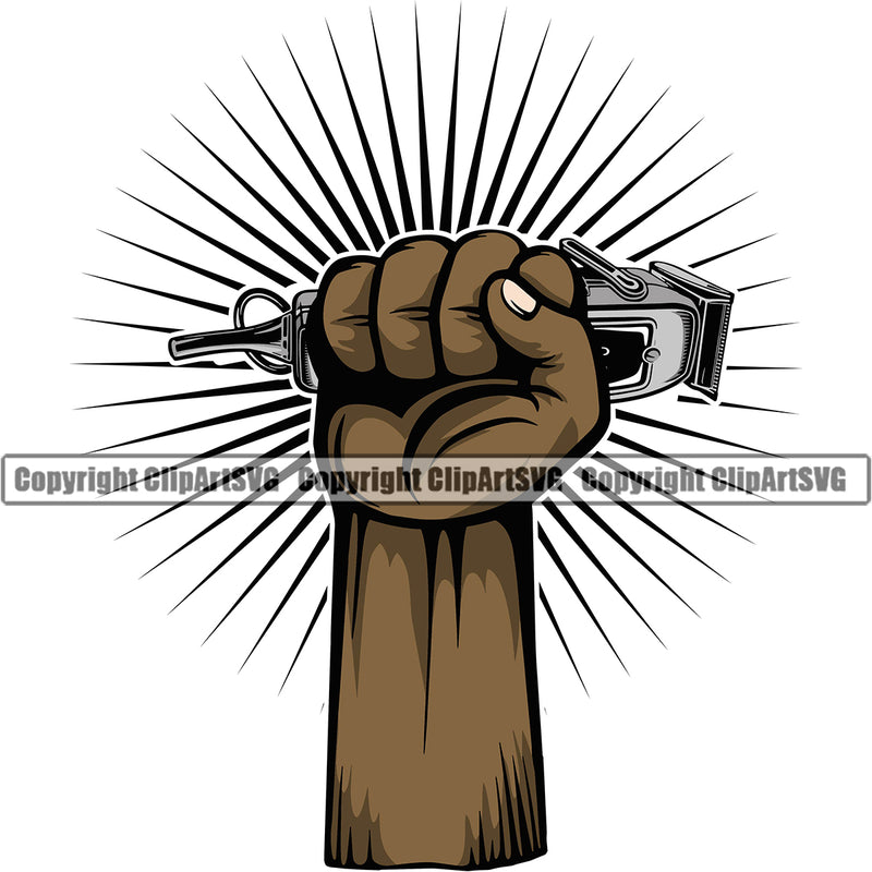 Barber Hand Holding Hair Clippers Black African American Arms Sun Rib Clippers Barbershop Power Hair Cut Hairdresser Haircut Hairstyle Hairstylist Beauty Salon Beard Shave Shaving Groom Grooming Design Element Retro Vintage Business Logo Clipart SVG