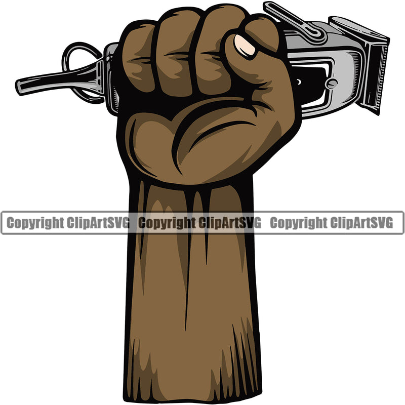 Barber Black African American Arm Clipper Shop Barbershop Hand Power Hair Cut Hairdresser Haircut Hairstyle Hairstylist Beauty Salon Beard Shave Shaving Groom Grooming Design Element Retro Vintage Business Company Logo Clipart SVG