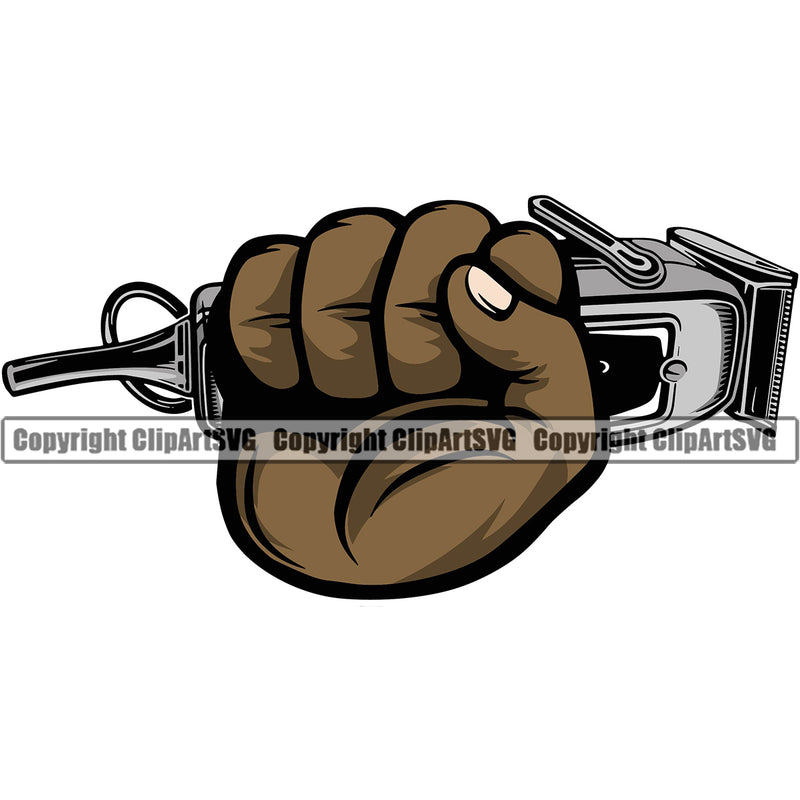 Barber Hand Holding Hair Clippers Shop Clippers Barbershop Power Black African American Hair Cut Hairdresser Hairstyle Hairstylist Beauty Salon Beard Shave Shaving Groom Grooming Design Element Retro Vintage Business Company Logo Clipart SVG