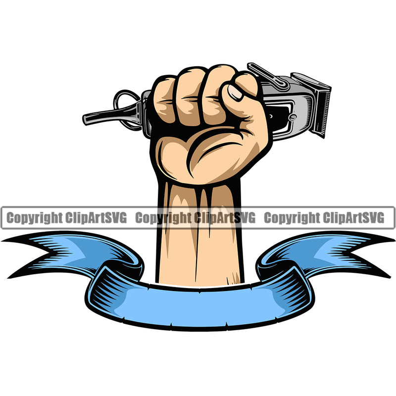 Barber Hand Holding Hair Clippers Shop Clipper Barbershop White Caucasian Power Hair Cut Hairdresser Hairstyle Hairstylist Beauty Salon Beard Shave Shaving Groom Grooming Design Element Retro Vintage Business Company Logo Clipart SVG