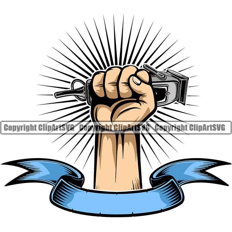 Barber Hand Holding Hair Clippers Shop Clipper Barbershop White Caucasian Arm Sun Rib Hand Power Hair Cut Haircut Hairstyle Hairstylist Beauty Salon Beard Shave Shaving Groom Grooming Design Element Retro Vintage Business Company Logo Clipart SVG
