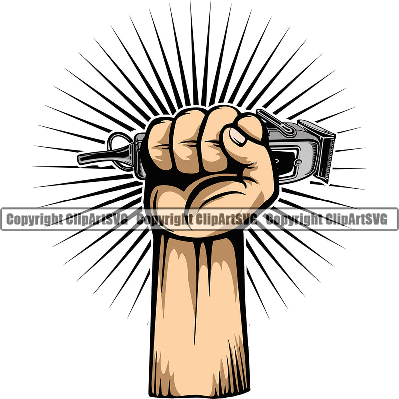 Barber Hand Holding Hair Clippers Clipper Arm Sun Rib Clippers Barbershop Power Hair Cut Hairdresser Haircut Hairstyle Hairstylist Beauty Salon Beard Shave Shaving Groom Grooming Design Element Retro Vintage Business Company Logo Clipart SVG