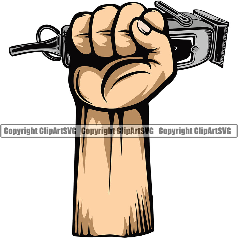 Barber Hand Holding Hair Clippers Shop Clipper Barbershop Power Hair White Caucasian Arm Cut Hairdresser Haircut Hairstyle Hairstylist Beauty Salon Beard Shave Shaving Groom Grooming Design Element Retro Vintage Business Company Logo Clipart SVG