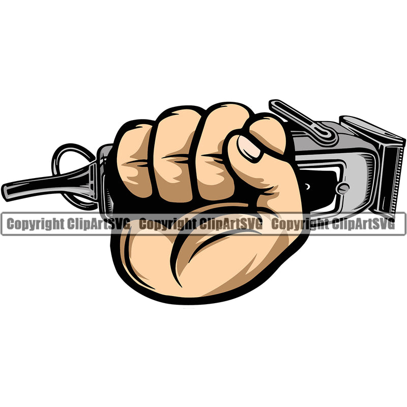 Barber Hand Holding Hair Clippers Shop Clipper Barbershop Power White Caucasian Hair Cut Hairdresser Haircut Hairstyle Hairstylist Beauty Salon Beard Shave Shaving Groom Grooming Design Element Retro Vintage Business Company Logo Clipart SVG