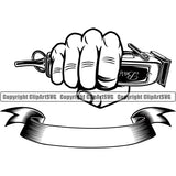 Barber Hand Holding Hair Clippers Shop Clipper Barbershop Punch Rib Hair Cut Hairdresser Haircut Hairstyle Hairstylist Beauty Salon Beard Shave Shaving Groom Grooming Design Element Retro Vintage Business Company Logo Clipart SVG