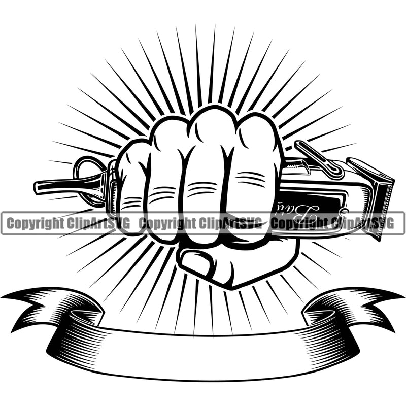 Barber Hand Holding Hair Clippers Shop Clipper Barbershop Punch Sun Hair Cut Hairdresser Haircut Hairstyle Hairstylist Beauty Salon Beard Shave Shaving Groom Grooming Design Element Retro Vintage Business Company Logo Clipart SVG