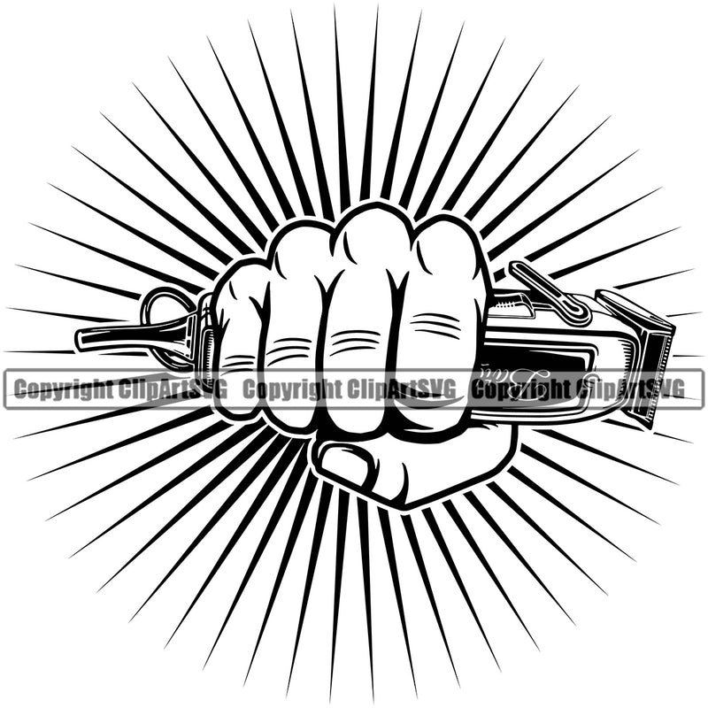 Barber Hand Holding Hair Clippers Shop Clipper Clippers Barbershop Punch Hair Cut Sun Hairdresser Haircut Hairstyle Hairstylist Beauty Salon Beard Shave Shaving Groom Grooming Design Element Retro Vintage Business Company Logo Clipart SVG
