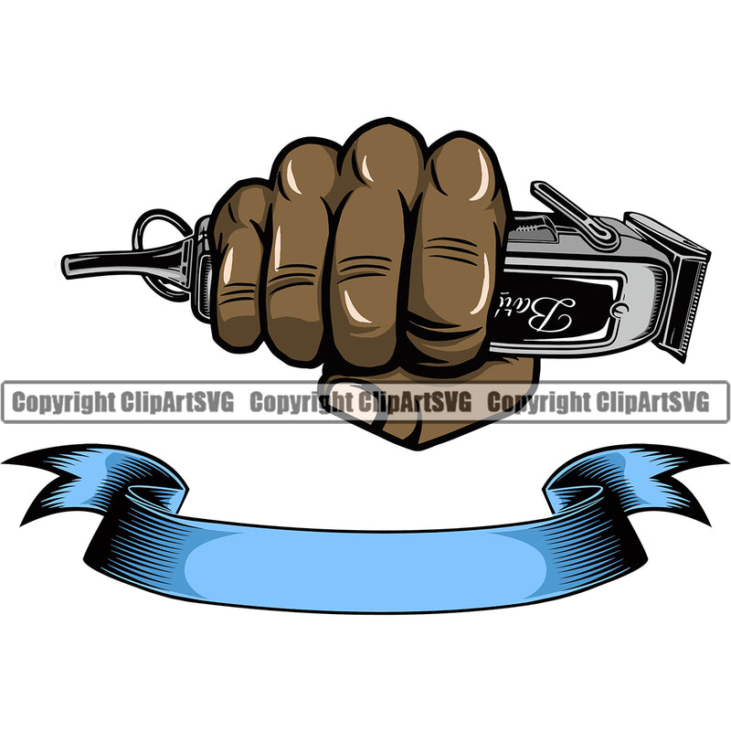 Barber Hand Holding Hair Clippers Shop Clipper Barbershop Power Black African American Hair Cut Hairdresser Haircut Hairstyle Hairstylist Beauty Salon Beard Shave Shaving Groom Grooming Design Element Retro Vintage Business Company Logo Clipart SVG
