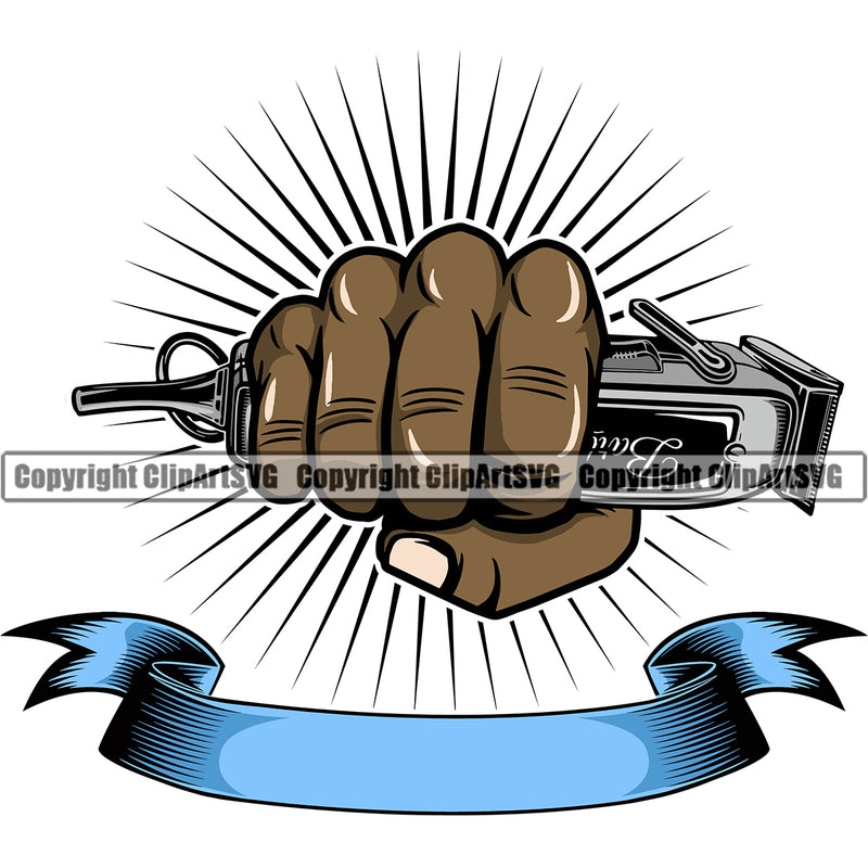 Barber Hand Holding Hair Clippers Shop Clipper Punch Sun Rib Black African American Hair Cut Hairdresser Haircut Hairstyle Hairstylist Beauty Salon Beard Shave Shaving Groom Grooming Design Element Retro Vintage Business Company Logo Clipart SVG