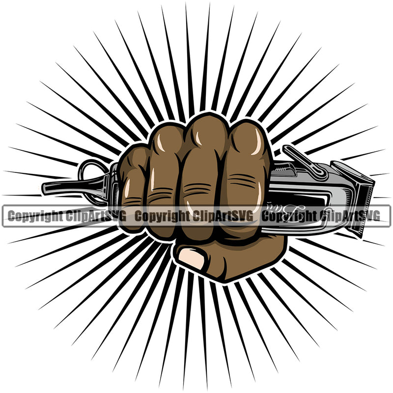 Barber Hand Holding Hair Clippers Shop Clipper Barbershop Hand Punch Sun Rib Hair Cut Black African American Haircut Hairstyle Hairstylist Beauty Salon Beard Shave Shaving Groom Grooming Design Element Retro Vintage Business Company Logo Clipart SVG