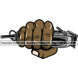 Barber Hand Holding Hair Clippers Shop Clipper Barbershop Hand Punch Black African American Hair Cut Hairdresser Haircut Hairstyle Hairstylist Beauty Salon Beard Shave Groom Grooming Design Element Retro Vintage Business Logo Clipart SVG