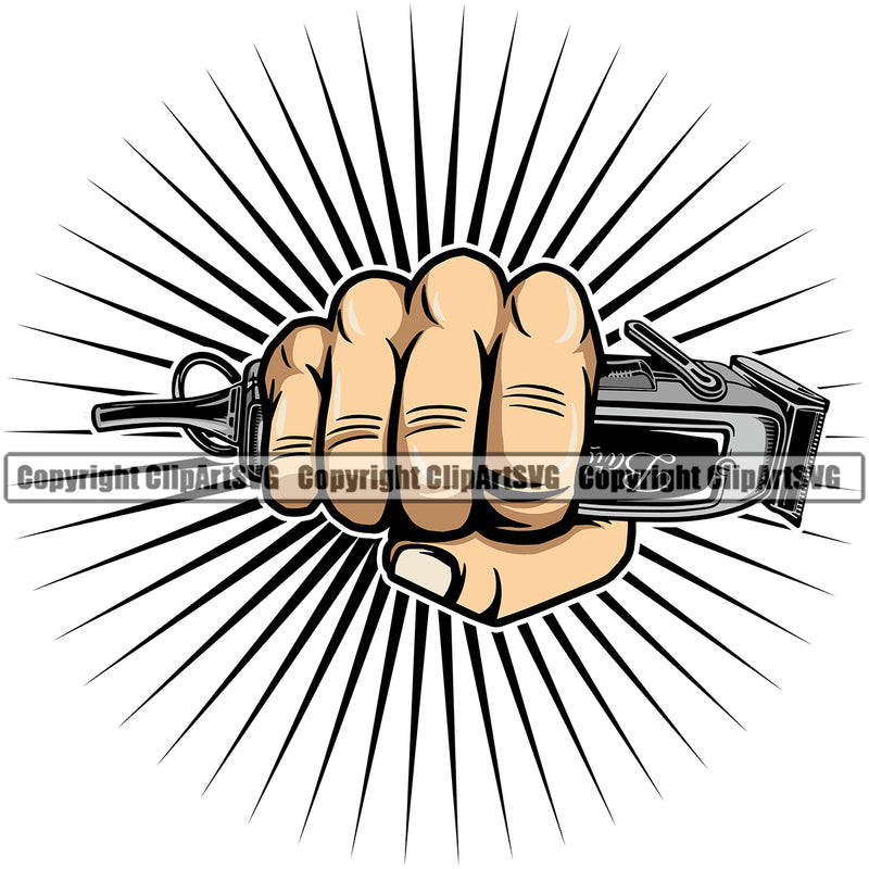 Barber Hand Holding Hair Clippers Shop Clippers Barbershop Hand White Caucasian Punch Hair Cut Hairdresser Haircut Hairstyle Hairstylist Beauty Salon Beard Shave Shaving Groom Grooming Design Element Retro Vintage Business Company Logo Clipart SVG
