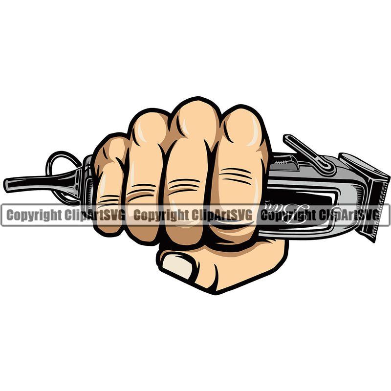 Barber Hand Holding Hair Clippers Shop Clippers Barbershop Hand Punch Hair Cut White Caucasian Hairstylist Beauty Salon Beard Shave Shaving Groom Grooming Design Element Retro Vintage Business Company Logo Clipart SVG