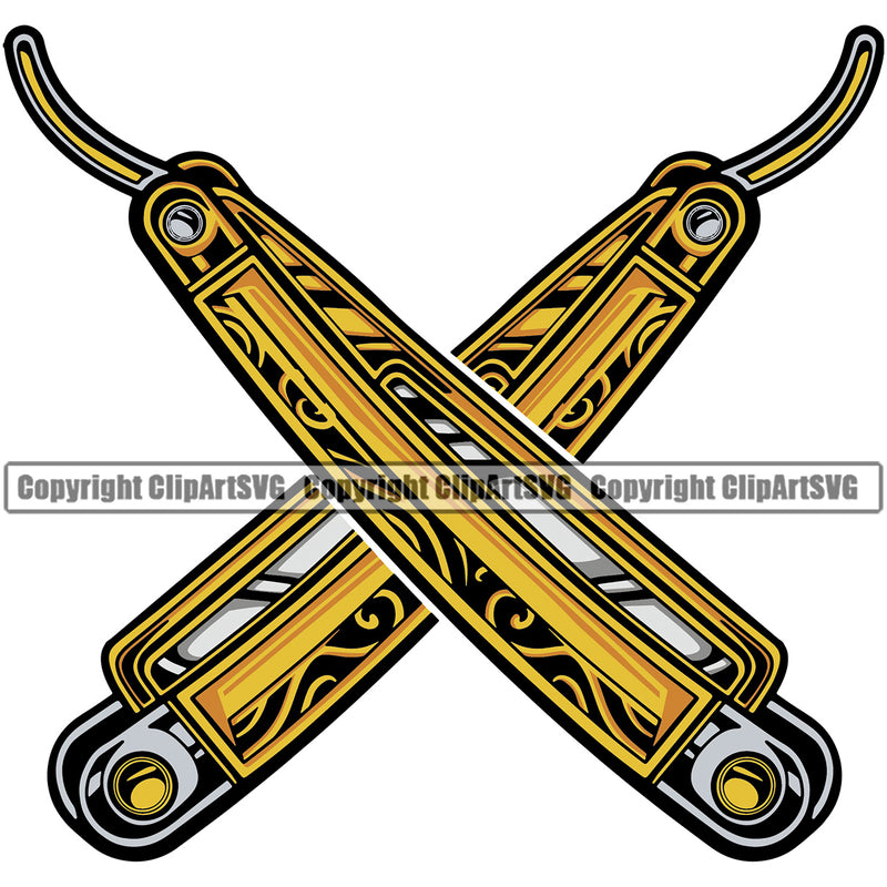 Barber Razor Straight Crossed Color Shop Barbershop Hair Cut Hairdresser Haircut Hairstyle Hairstylist Beauty Salon Beard Shave Shaving Groom Grooming Design Element Retro Vintage Business Company Logo Clipart SVG