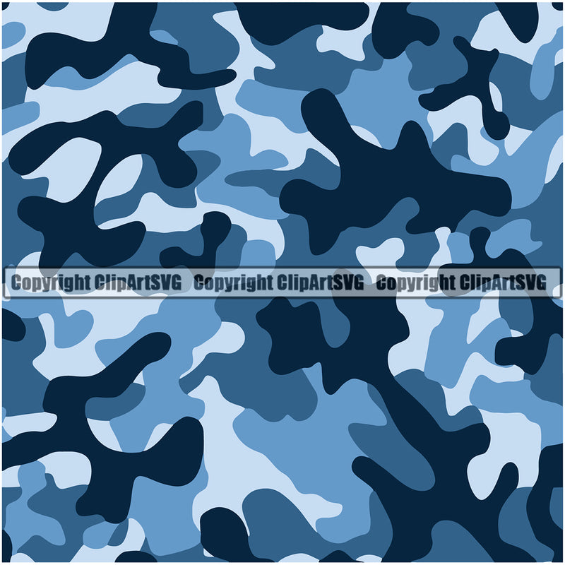 Camo Camouflage Seamless Pattern Design Blue Color Fishing Paintball Army War Combat Camping Nature Sports Military Fashion Vector Clipart SVG