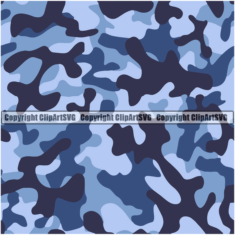 Camo Camouflage Seamless Pattern Design Blue Color Paintball Army War Combat Camping Nature Sports Military Fashion Vector Clipart SVG