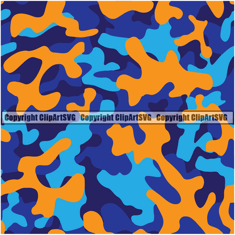 Camo Camouflage Seamless Pattern Design Blue Brown Color Army War Combat Camping Nature Sports Military Fashion Vector Clipart SVG