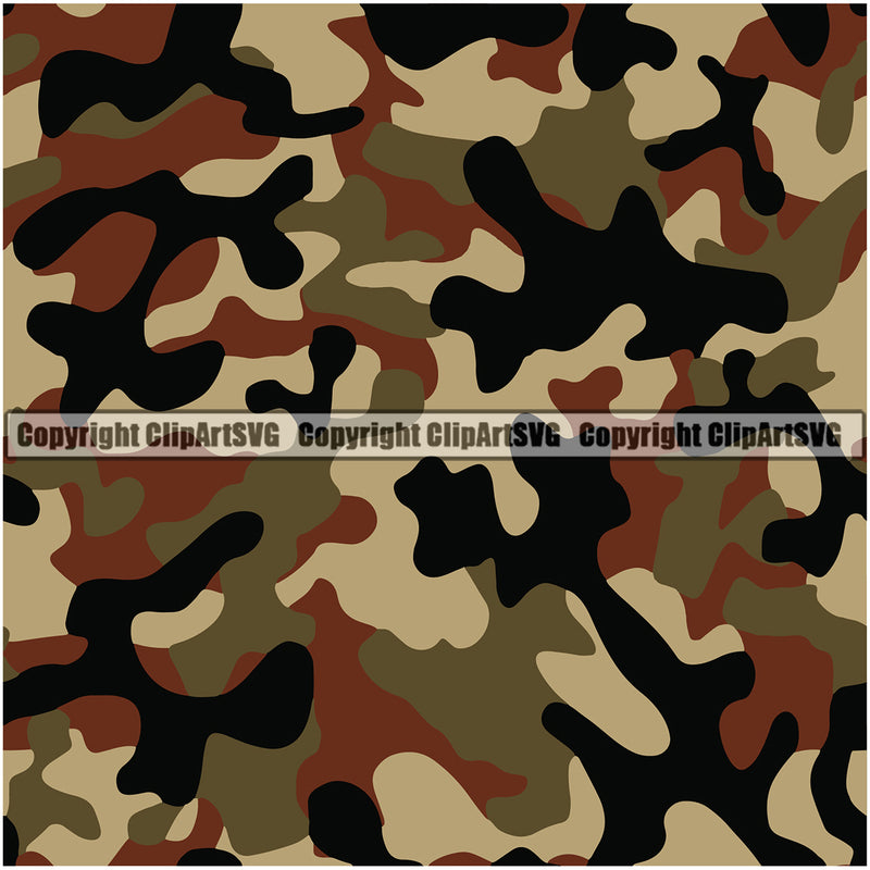 Camo Camouflage Seamless Pattern Design Black Brown Soil Color Paintball Army War Combat Camping Nature Sports Military Fashion Vector Clipart SVG