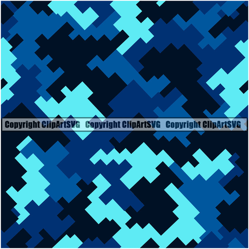 Camo Digital Seamless Pattern Design Blue Color Blue Black Paintball Army War Combat Camping Nature Sports Military Fashion Vector Clipart SVG
