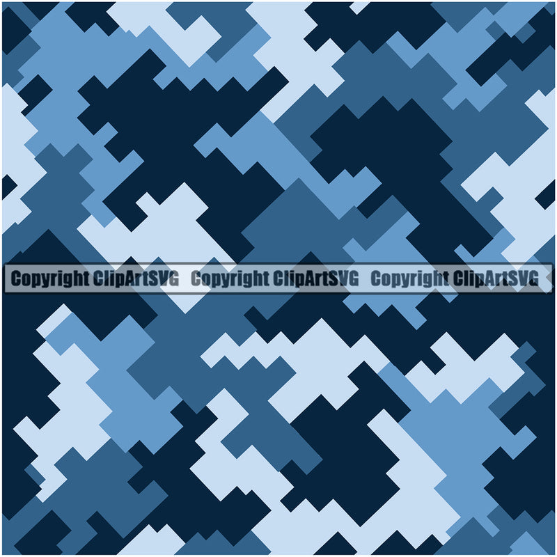 Camo Digital Seamless Pattern Design Blue Color Blue Black White Wilderness Outdoor Hunting Vector Army War Combat Camping Nature Sports Military Fashion Clipart SVG