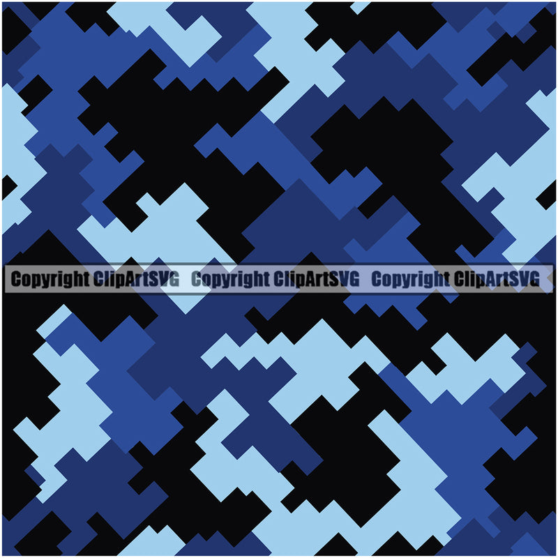Digital Seamless Pattern Design Color Blue Black Camo Army War Combat Camping Nature Sports Military Fashion Vector Clipart SVG
