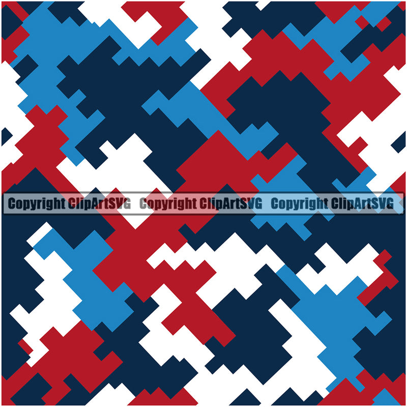 Digital Seamless Pattern Design Color Blue Red White Multicolor Camo Army War Combat Camping Nature Sports Military Fashion Wilderness Clipart SVG