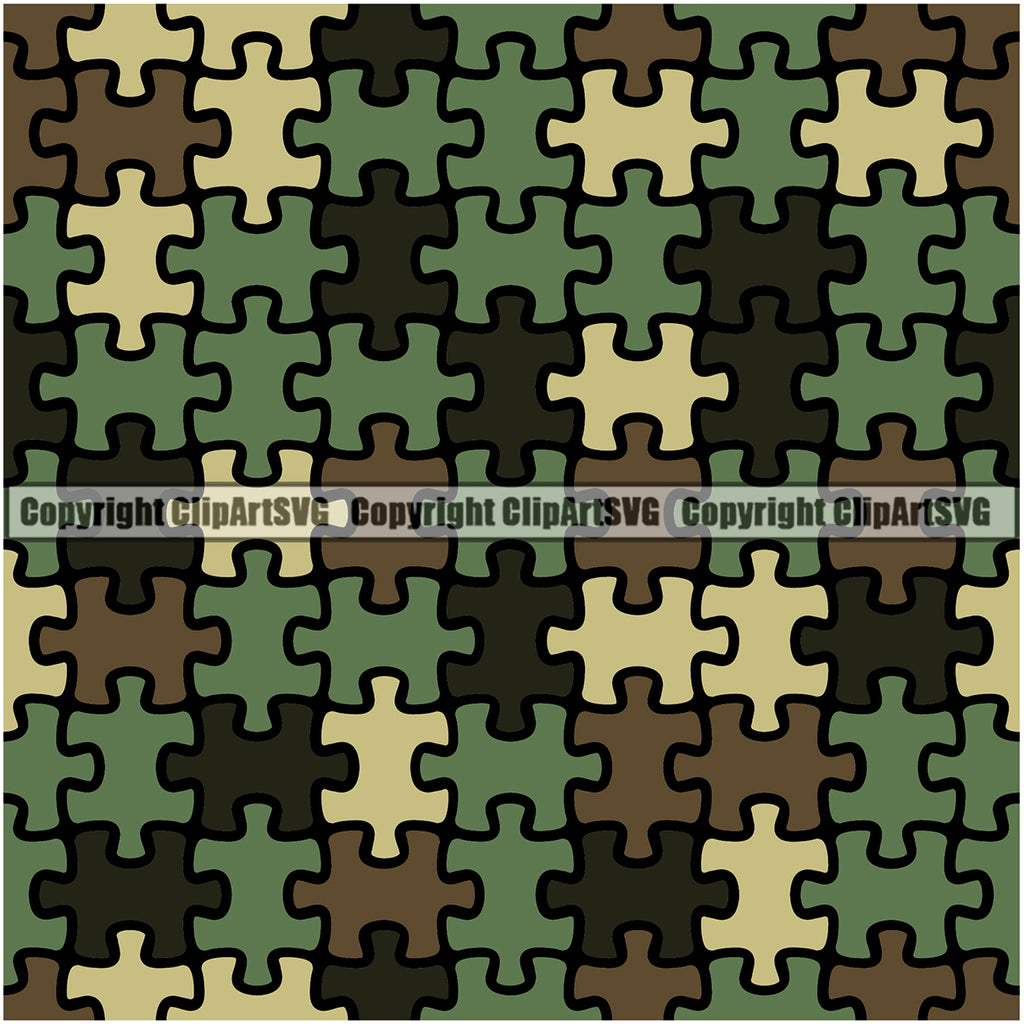 Camo Puzzle Woodland Seamless Pattern Design Green Brown Black Color  Wilderness Outdoor Hunting Vector War Combat Camping Nature Sports Military Fashion Clipart SVG
