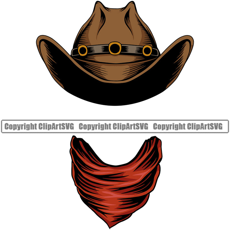 Cowboy Western Texas Vintage American Cowboy Hat Scarf Bandanna Color Design Element Country Rodeo Traditional Retro Old Wild West Art Design Isolated Rancher Logo Clipart SVG