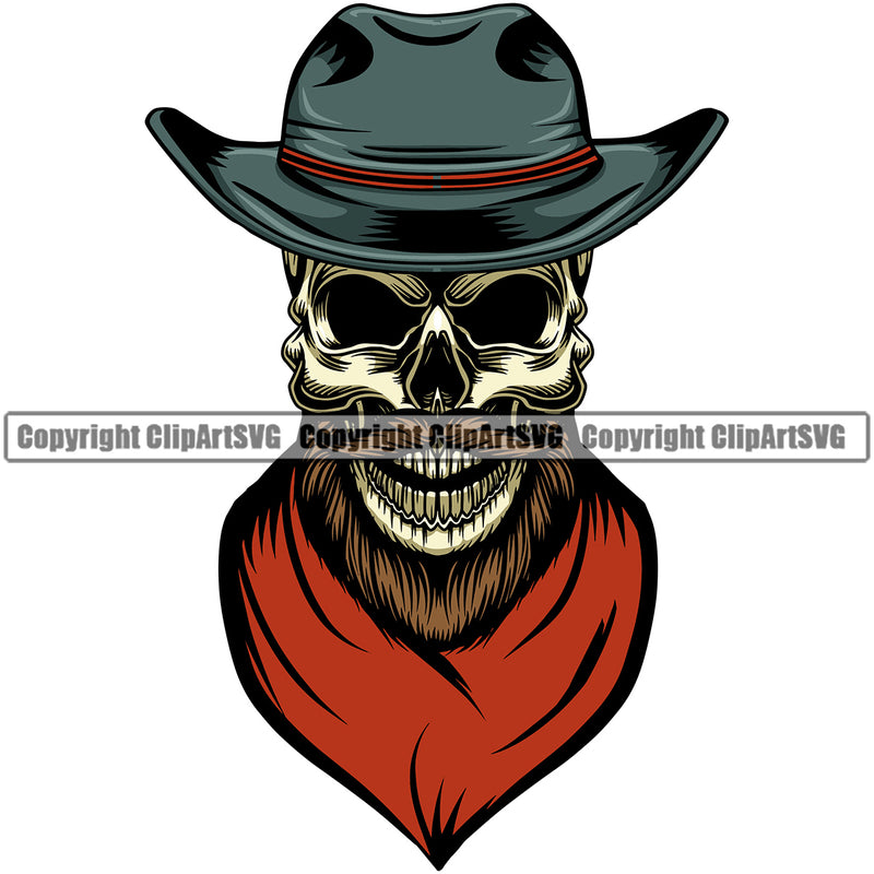 Cowboy Western Texas Vintage American Country Skull Skeleton With Hat And Scarf Bandanna Design Element Rodeo Traditional Retro Old Wild West Art Design Isolated Rancher Logo Clipart SVG