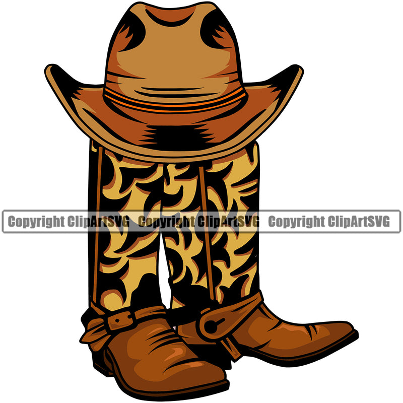 Cowboy Western Texas Vintage American Country Rodeo Cowboy Hat And Leather Boots Shoes Color Design Element Traditional Retro Old Wild West Art Design Isolated Rancher Logo Clipart SVG