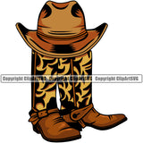 Cowboy Western Texas Vintage American Country Rodeo Cowboy Hat And Leather Boots Shoes Color Design Element Traditional Retro Old Wild West Art Design Isolated Rancher Logo Clipart SVG