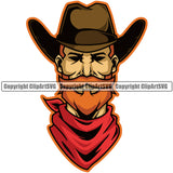 Cowboy Sports Mascot Western Texas Vintage American Yellow Color Cowboy Face Hat And Scarf Design Element Country Rodeo Traditional Retro Old Wild West Art Design Isolated Rancher Logo Clipart SVG