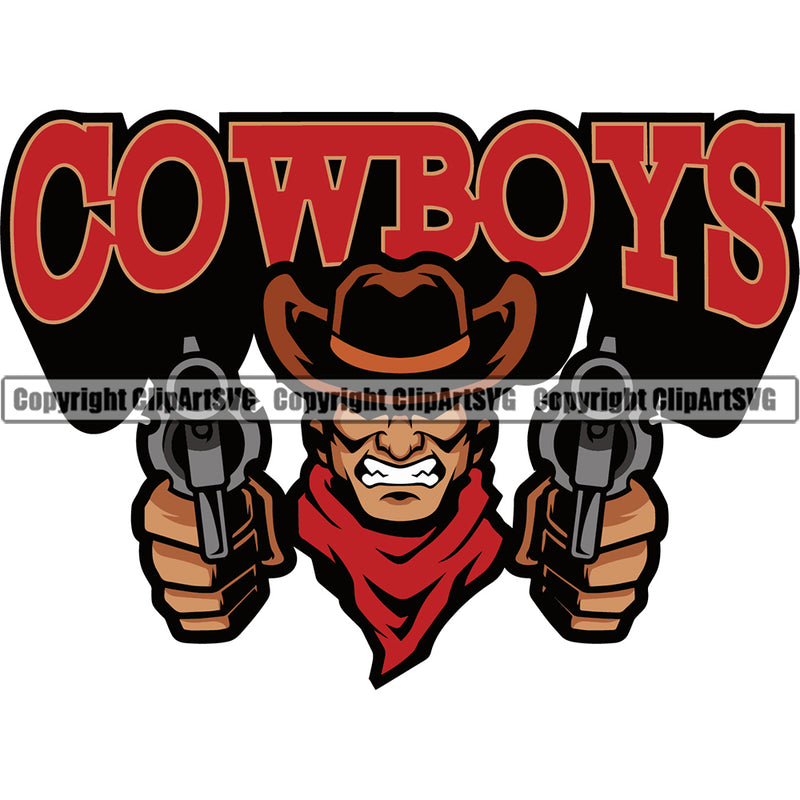 Cowboy Sports Mascot Western Texas Vintage American Cowboy Angry Face Gun Hand Show Color Design Element Rodeo Traditional Retro Old Wild West Art Design Isolated Rancher Logo Clipart SVG