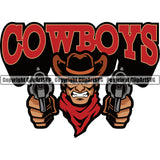 Cowboy Sports Mascot Western Texas Vintage American Cowboy Angry Face Gun Hand Show Color Design Element Rodeo Traditional Retro Old Wild West Art Design Isolated Rancher Logo Clipart SVG