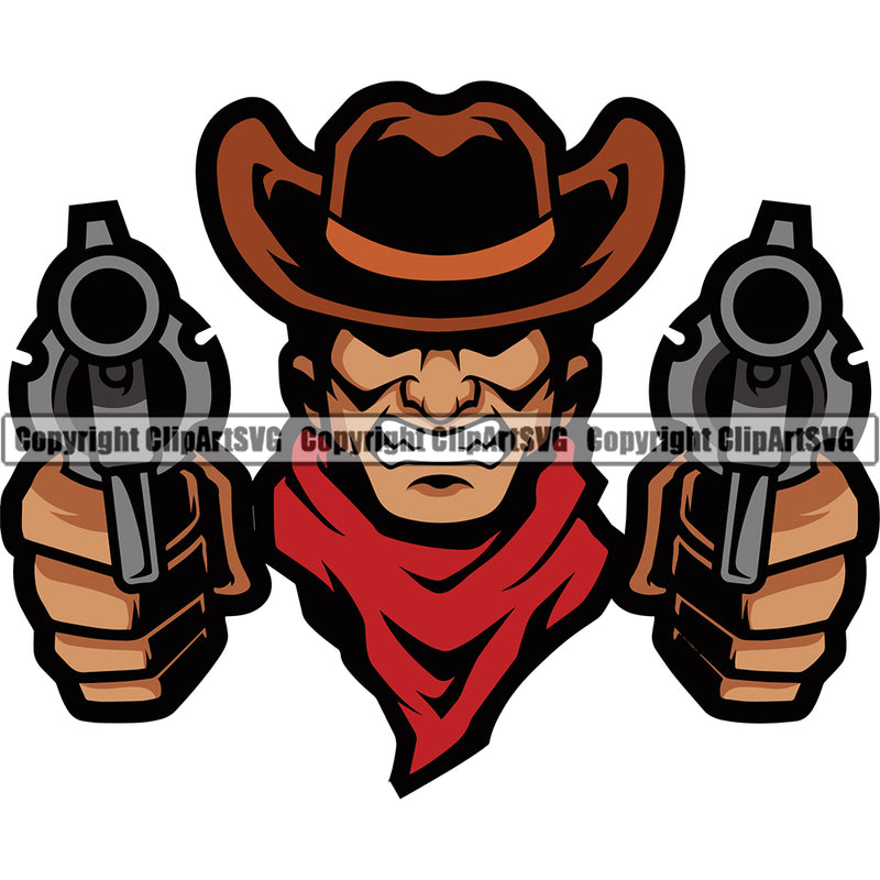 Cowboy Sports Mascot Western Texas Vintage American Country Rodeo Cowboy Angry Face Color Body And Gun Show Design Element Traditional Retro Old Wild West Art Design Isolated Rancher Logo Clipart SVG