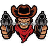 Cowboy Sports Mascot Western Texas Vintage American Country Rodeo Cowboy Angry Face Color Body And Gun Show Design Element Traditional Retro Old Wild West Art Design Isolated Rancher Logo Clipart SVG