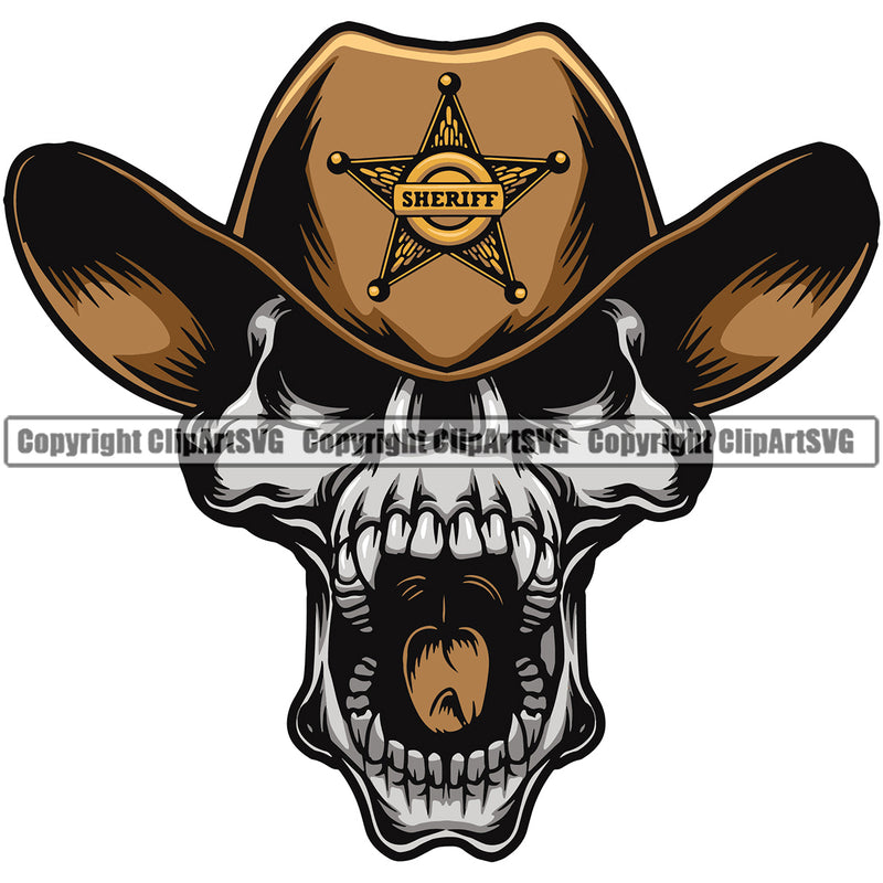 Cowboy Western Texas Vintage American Country Rodeo Outlaw Sheriff Skull Skeleton Outlaw Angry Mean Face Yelling Color Hat And Head Design Element Traditional Retro Old Wild West Art Design Isolated Rancher Logo Clipart SVG