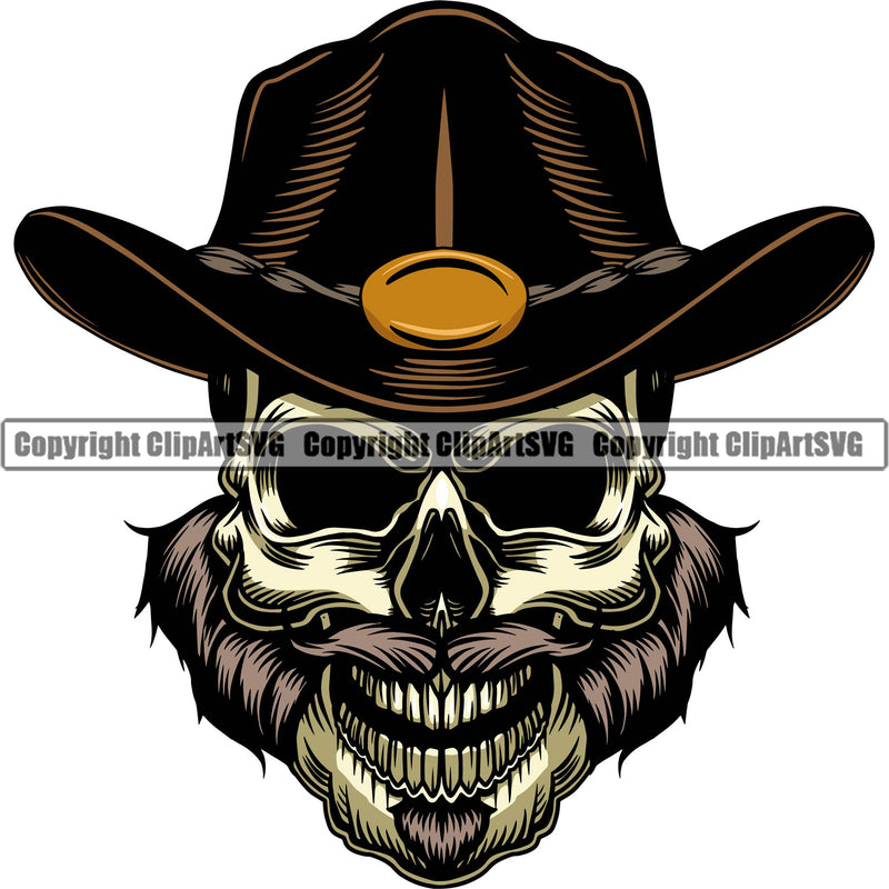Cowboy Western Texas Vintage Cowboy Skull Skeleton Beard Scarf Bandanna Leather Hat Cap Evil Sinister Grin Grinning Black Hat Smile Face Design Element Country Rodeo Traditional Retro Old Wild West Art Design Isolated Rancher Logo Clipart SVG