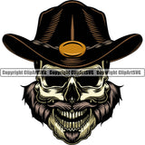Cowboy Western Texas Vintage Cowboy Skull Skeleton Beard Scarf Bandanna Leather Hat Cap Evil Sinister Grin Grinning Black Hat Smile Face Design Element Country Rodeo Traditional Retro Old Wild West Art Design Isolated Rancher Logo Clipart SVG