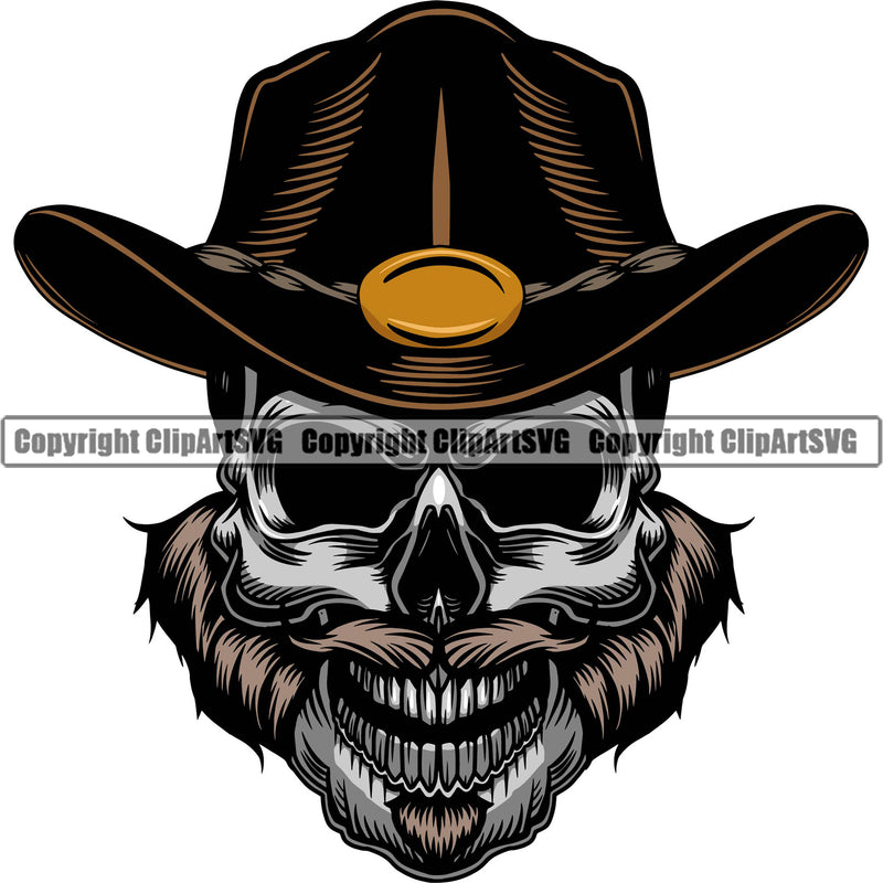 Cowboy Western Texas Vintage American Cowboy Skull Skeleton Beard Scarf Bandanna Leather Hat Cap Evil Grin Grinning Sinister Smile Face With Hat Design Element Country Rodeo Traditional Retro Old Wild West Art Design Isolated Rancher Logo Clipart SVG