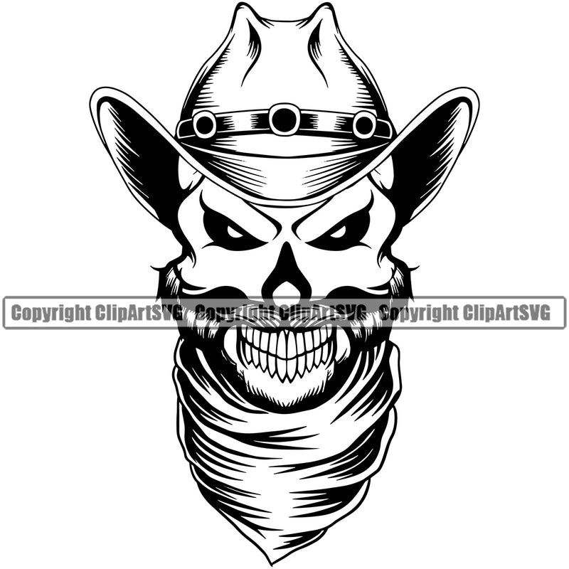 Cowboy Western Texas Vintage American Country Skull Skeleton Beard Scarf Bandanna Leather Hat Cap Mascot Hat And Scarfe Design Element Rodeo Traditional Retro Old Wild West Art Design Isolated Rancher Logo Clipart SVG
