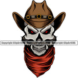 Cowboy Skull Skeleton Beard Scarf Bandanna Leather Hat Cap Western Texas Vintage American Country Rodeo Angry Face Red Eyes Color Design Element Retro Old Wild West Art Design Isolated Rancher Logo Clipart SVG