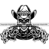 Cowboy Skull Skeleton Holding Two Guns Pistols Revolvers Leather Jacket Spikes Western Texas Vintage American Country Cowboy Dress And Guns Design Element Rodeo Traditional Retro Old Wild West Art Design Isolated Rancher Logo Clipart SVG