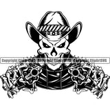 Cowboy Western Texas Vintage American Country Rodeo Traditional Cowboy Skull Skeleton Holding Guns Pistols Revolvers Leather Jacket Spikes Hands Black Color Design Element Retro Old Wild West Art Design Isolated Rancher Logo Clipart SVG