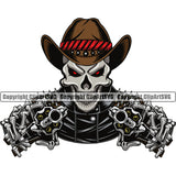 Cowboy Western Texas Vintage American Country Rodeo Skull Skeleton Holding Guns Pistols Revolvers Hand Leather Jacket Spikes Red Color Hat Design Element Traditional Retro Old Wild West Art Design Isolated Rancher Logo Clipart SVG