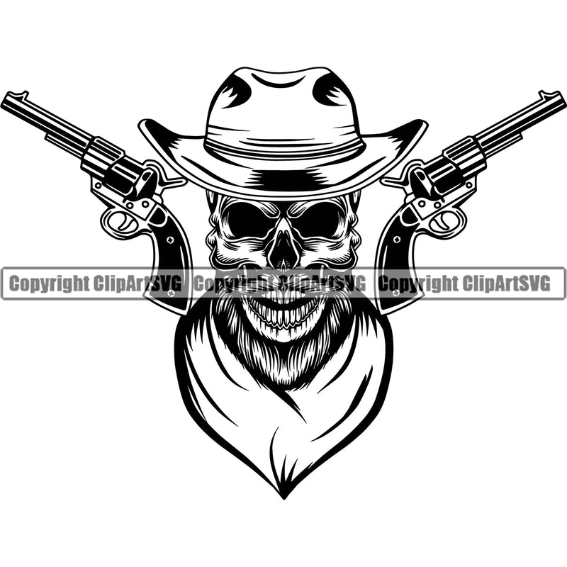 Cowboy Western Texas Vintage American Country Rodeo  Skull Skeleton Beard Hat Cap Scarf Bandanna With Guns Design Element Dress Traditional Retro Old Wild West Art Design Isolated Rancher Logo Clipart SVG