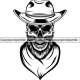 Cowboy Western Texas Vintage American Country Rodeo Skull Skeleton Beard Hat Cap Scarf Bandanna Angry Face Design Element Traditional Retro Old Wild West Art Design Isolated Rancher Logo Clipart SVG
