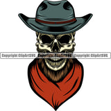 Cowboy Western Texas Vintage Skull Skeleton Beard Hat Cap Scarf Bandanna Color Design Element Country Rodeo Traditional Retro Old Wild West Art Design Isolated Rancher Logo Clipart SVG