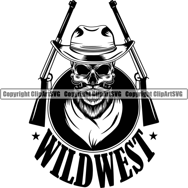Cowboy Western Texas Vintage American Country Rodeo Traditional Cowboy Skull Skeleton With Shotgun Rifle Wild West Quote Text Design Element Retro Old Wild West Art Design Isolated Rancher Logo Clipart SVG